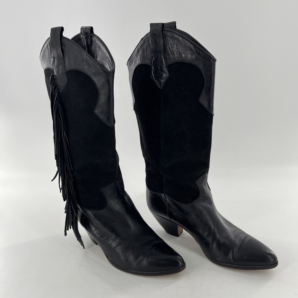 Rare Vintage Lenni Italian Leather Suede Calf Boots Fringe Heel‎ 7.5 Cowgirl - Picture 13 of 16